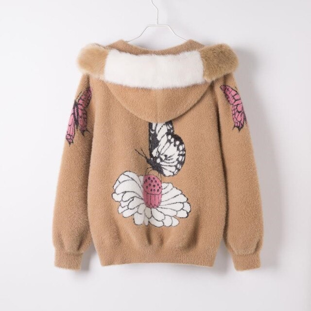 2021 Female mink fur jacket autumn and winter women's coat loose embroidered thick velvet hooded sweater women's cardigan