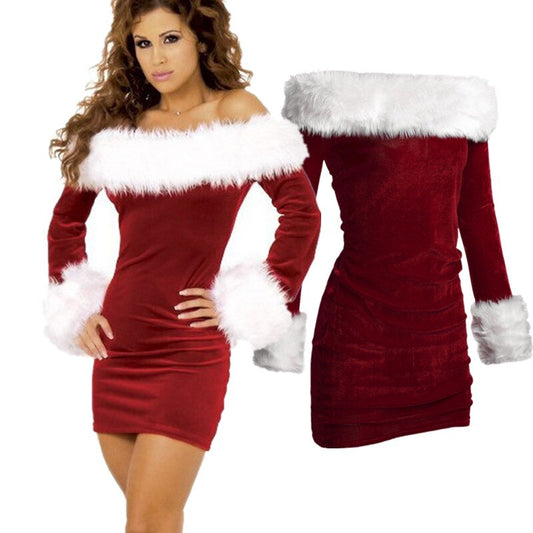 Luxury Women Sexy Slim Fit Strapless Xmas Mini Dress Red Velvet White Fur Christmas Costumes Adult Santa Claus Cosplay Costume