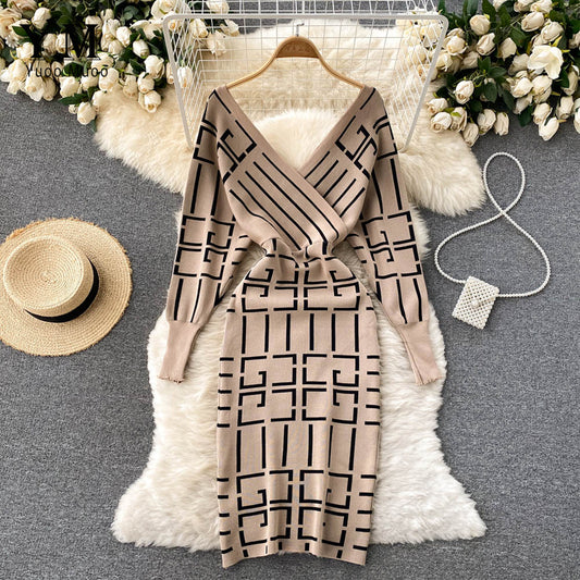 YuooMuoo Autumn Winter Women Knitted Dress Brand Design V-neck Geometric Bodycon Sweater Dress Elegant Office Ladies Dresses