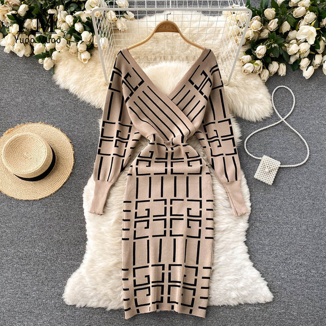 YuooMuoo Autumn Winter Women Knitted Dress Brand Design V-neck Geometric Bodycon Sweater Dress Elegant Office Ladies Dresses