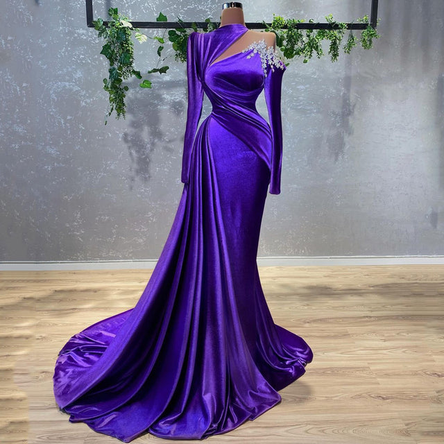 Thinyfull Sexy Mermaid Prom Evening Dress Long Sleeve Velvet Party Dresses Beadings Purple Floor Length Cocktail Gowns Plus Size