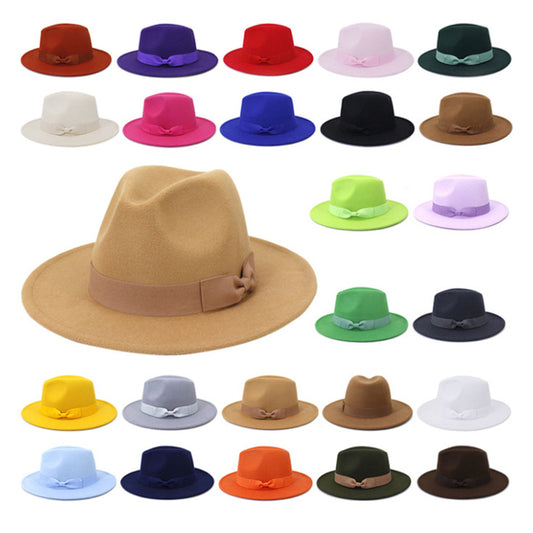 Bow fedora hat men and women big brim jazz top hat autumn and winter solid color woolen hat church Panama hat wedding hat