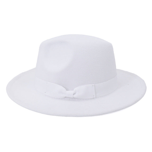 Bow fedora hat men and women big brim jazz top hat autumn and winter solid color woolen hat church Panama hat wedding hat