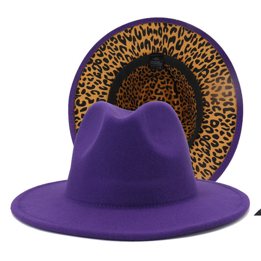 2021 New Fashionable Fedora Hat Women Winter Hats with Wide Brim Men's Hat Purple Leopard Patchwork Classic Church Cowboy Hat