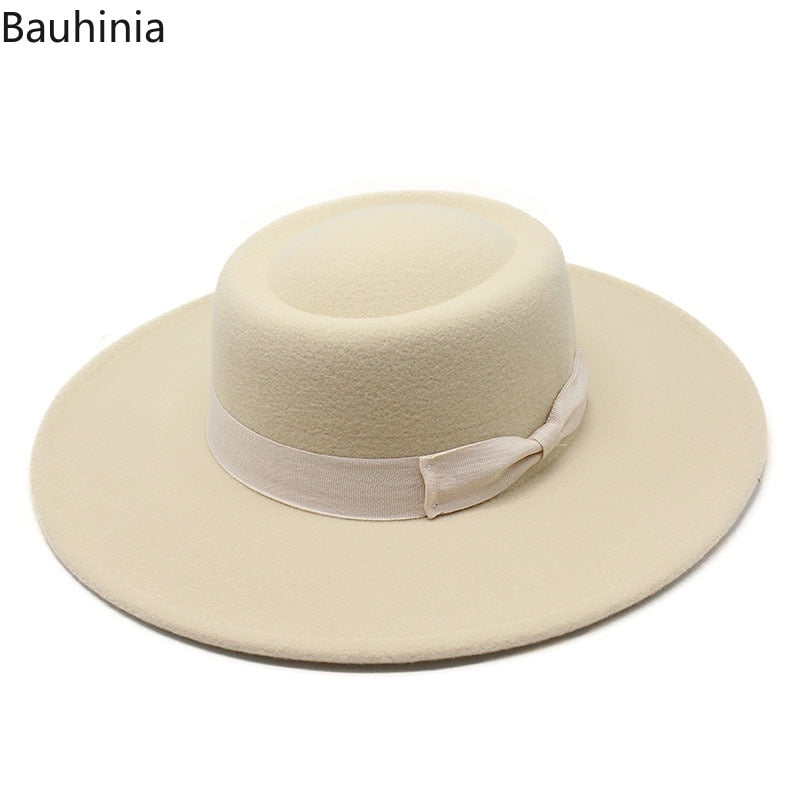New Women Felt Jazz Fedora Hat With Ribbon Elegant Lady Winter Autumn 8.5CM Wide Brim Panama Church Cap Derby Wedding Hats