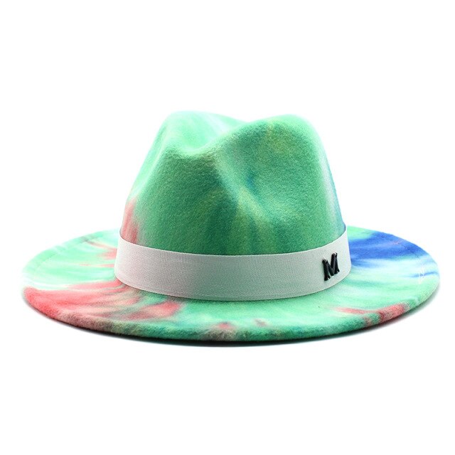 Tie-dye Fedoras Hats For Women Man M Logo Belt Fashion Wedding Hat Luxury Church Cap Autumn Winter Hat Wide Brim Panama 2021