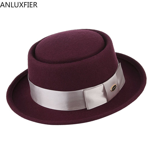 H7209 Winter New Wool Fedoras Hat Neutral British Ribbon Bowknot Gentleman's Fedora Cap Women Male Short Eave Church Party Hats