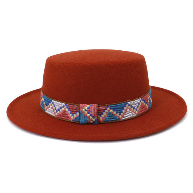 2021 Autumn Winter New Men Women High Quality Wool Flat Top Hat Wide Eaves Felt Fedoras Hat Simple Church Derby Hat