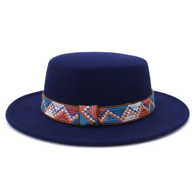 2021 Autumn Winter New Men Women High Quality Wool Flat Top Hat Wide Eaves Felt Fedoras Hat Simple Church Derby Hat