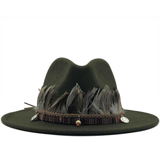 Women Men New Wool Fedora Hat With feather Gentleman Elegant Lady Winter Autumn Wide Brim Jazz Church Panama Sombrero Cap