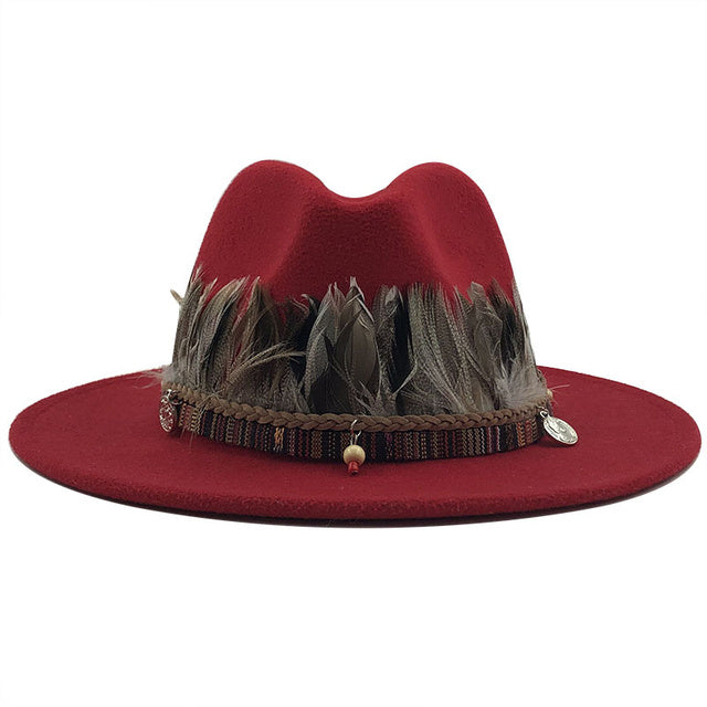 Women Men New Wool Fedora Hat With feather Gentleman Elegant Lady Winter Autumn Wide Brim Jazz Church Panama Sombrero Cap