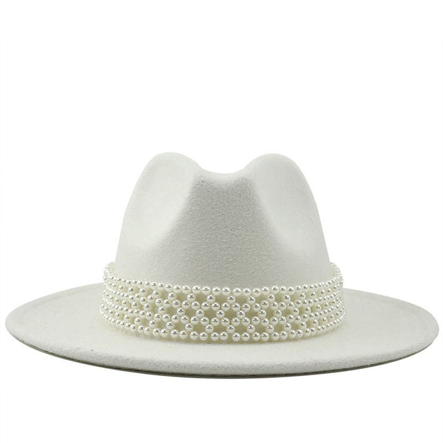 Women Men white Wool Fedora Hat With Pearl Ribbon Gentleman Elegant Lady Winter Autumn Wide Brim Church Panama Sombrero Jazz Cap
