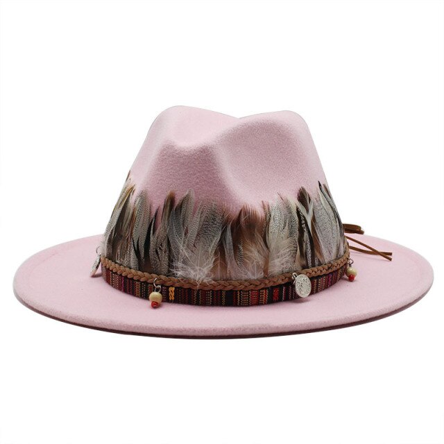Hat Male Fedora Hats For Women Feather Belt Hat White Luxury Fashion Hat Church Party Performance Caps Wide Brim Autumn Winter