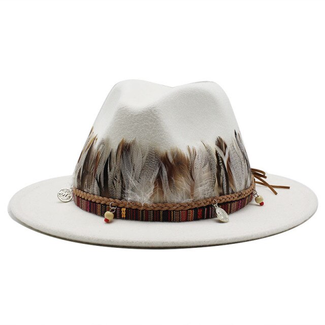 Hat Male Fedora Hats For Women Feather Belt Hat White Luxury Fashion Hat Church Party Performance Caps Wide Brim Autumn Winter