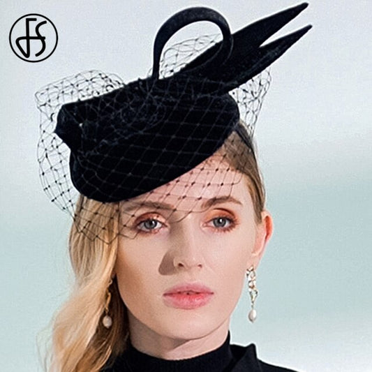 FS 2021 Fascinators Black Pillbox Hat With Veil Bow 100% Australian Wool Felt Wedding Hats Women Bridal Cocktail Church Fedoras