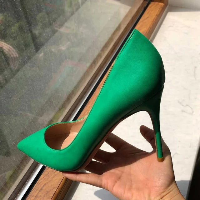 Tikicup Solid Green Women Pointy Toe High Heels 8/10/12cm Fashion Slip On Stilettos Ladies Formal Dress Shoes Customize Pumps