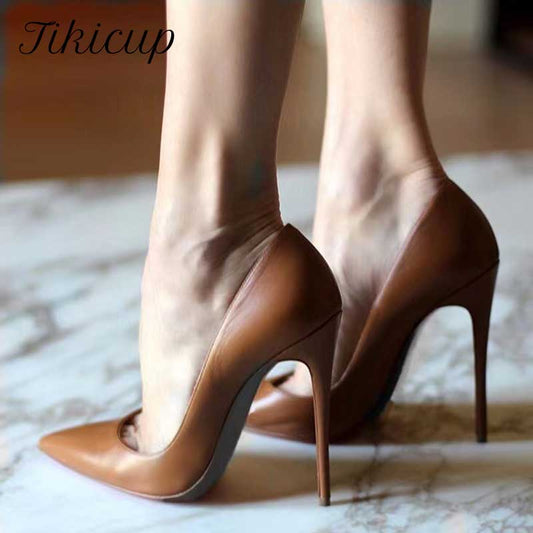 Tikicup Solid Khaki Brown Matte Women Pointed Toe Stiletto High Heels Slip On OL Dress Shoes Elegant Ladies Formal Pumps