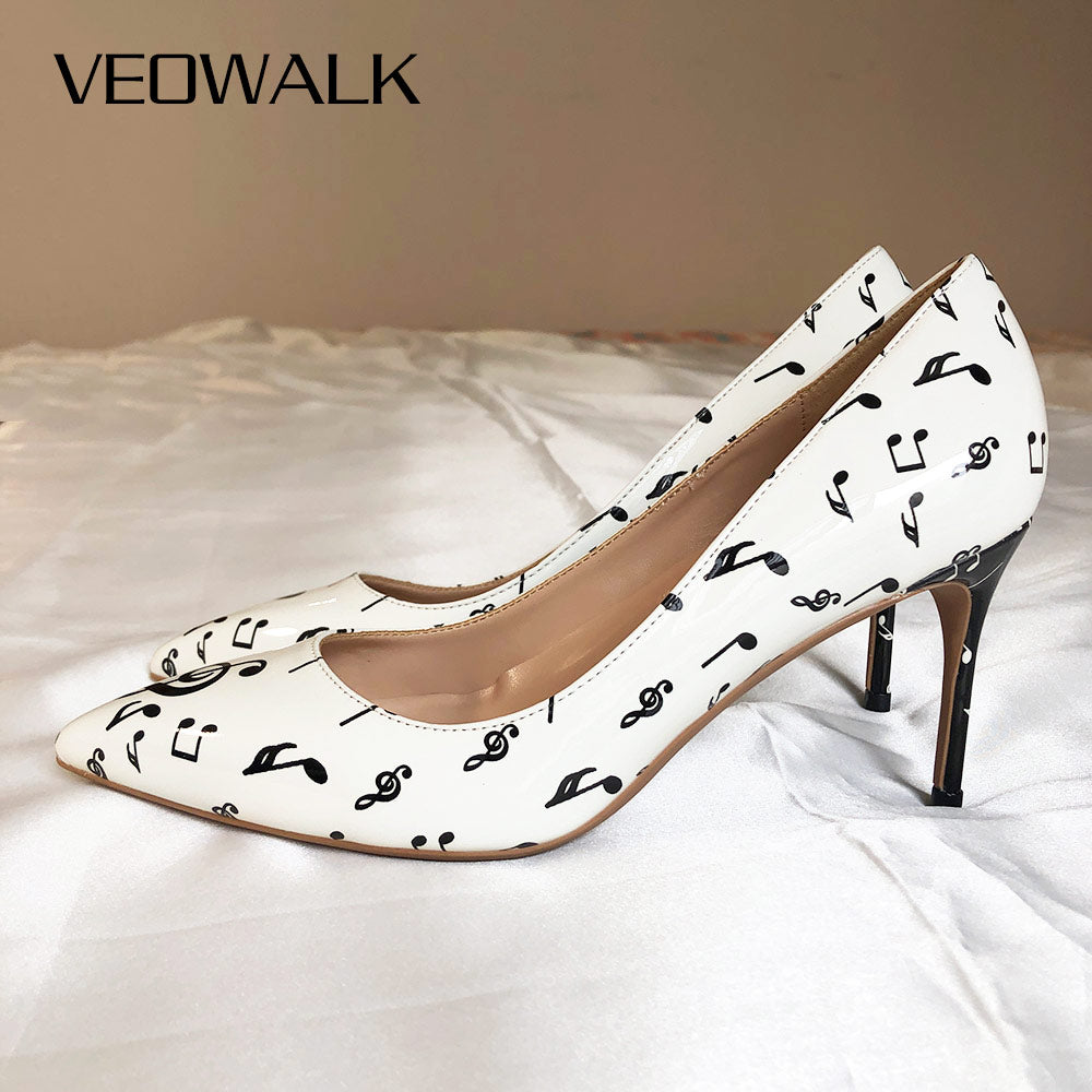 Veowalk Music Symbols Printed Women Stiletto High Heels Slip On Pointy Toe Patent Leather Pumps Cute Ladies Formal Dress Shoes