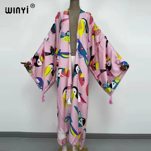 Bikini  cover-up traf Cotton Sweet Lady Pink Boho Print Self Belted Front Open Long Kimono Dress Beach Tunic Women Wrap Dresses