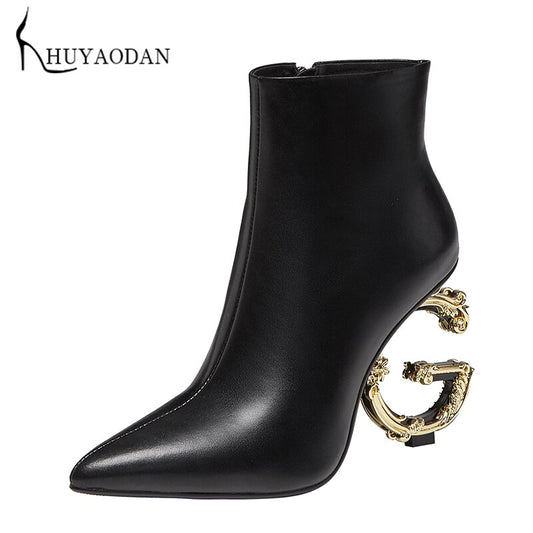 Genuine Leather Women Ankle Boots Sexy High Heel Pointed Toe Black Zipper Dress Party Office Lady Shoes Autumn Winter Warm Boots