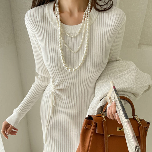 Office Lady Solid White Elegant Women Sweater Dress Female 2021 Black Slim O Neck Korean Chic Lace Up Designer Woman Knitwear