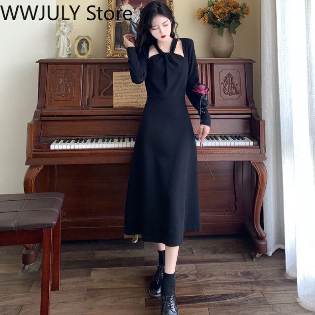 2021 Winter Design Vintage Midi Dress Women Party Long Sleeve Elegant One Piece Dress Korean Black Y2k Dress Office Lady Chic