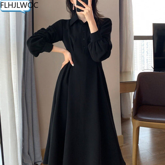 Hot New Design Korean Style Womens Fashion Cute Elegant Office Lady A Line Long Single Breasted Button Button Black Shirts Dress