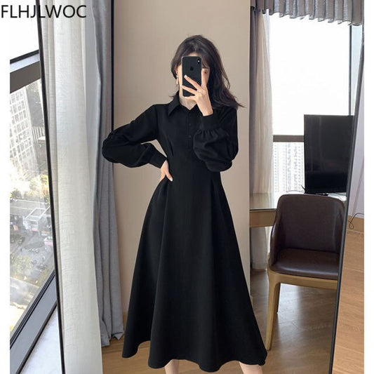 Hot New Design Korean Style Womens Fashion Cute Elegant Office Lady A Line Long Single Breasted Button Button Black Shirts Dress