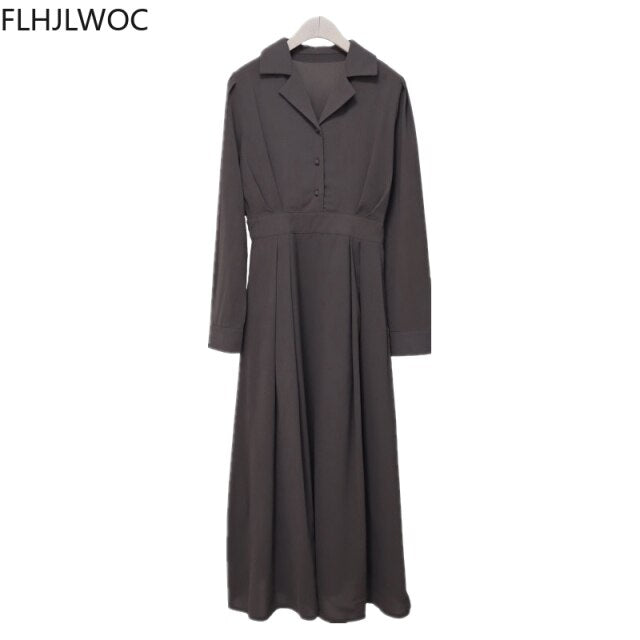 2021 New Design Japan Style Women Spring Autumn Basic Wear Casual Loose Robe Solid Cotton Blend Vintage Long Maxi Shirt Dress