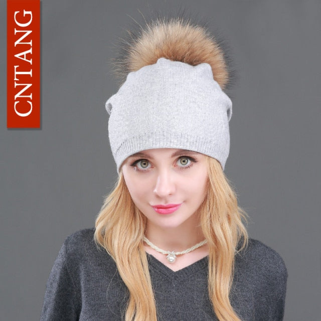 Autumn Winter Knitted Wool Hats For Women Fashion Pompon Beanies Fur Hat Female Warm Caps With Natural Genuine Raccoon Fur Cap