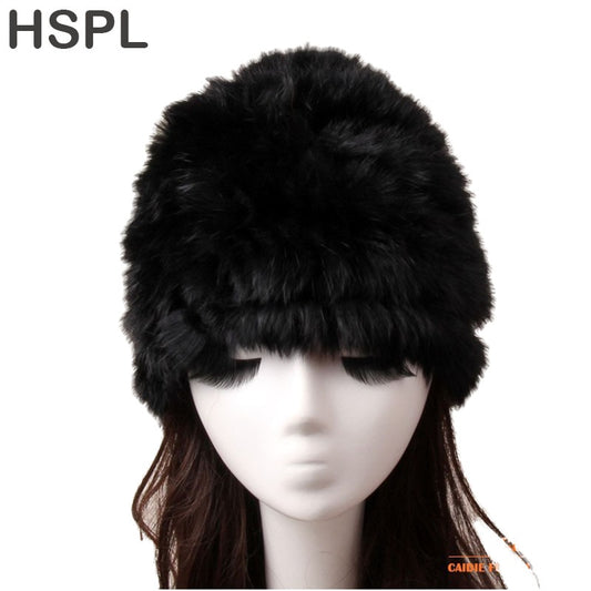 HSPL Fur Hat Women's Hat Natural Knitted Genuine Rabbit Fur Winter Hats For Women Fashion Cap Warm Beanies Lady headwear  Bone