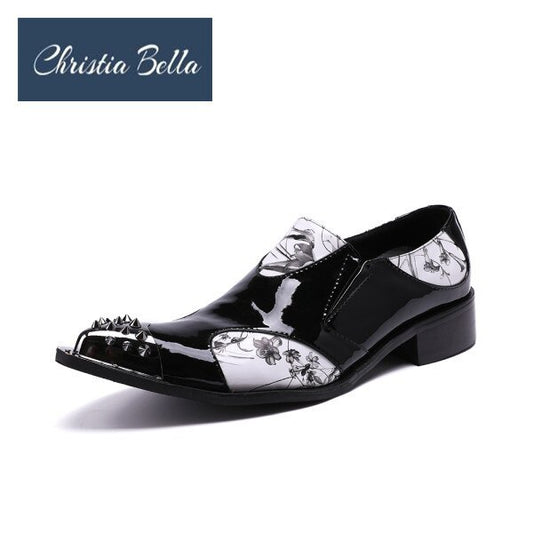 Christia Bella Designer Leather Patent Formal Dress Shoes Sexy Men Nightclub Rivet Shoes Pointed Toe High Heels Steampunk Shoes