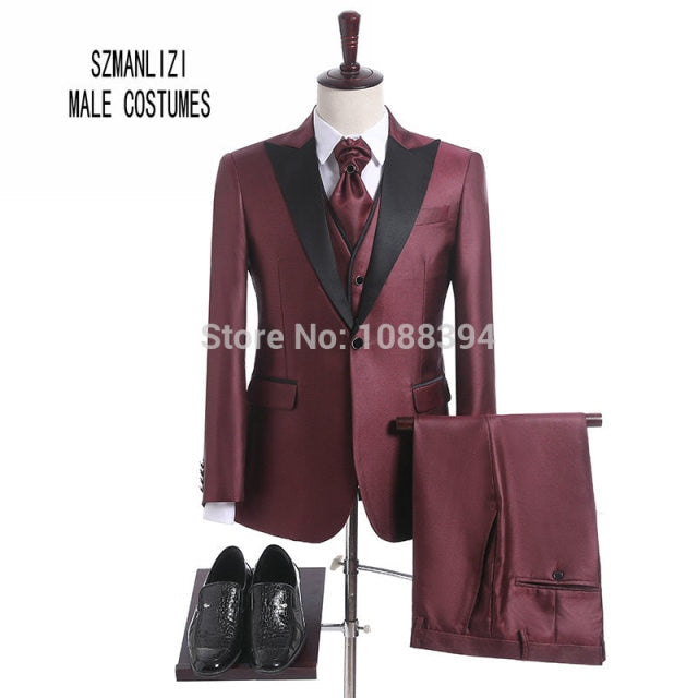 Elegant 3 Piece Suit 2018 Morning Dinner Party Prom Suit Houndstooth Groom Wedding Men Suit Blazer Slim Fit Best Man Tuxedo
