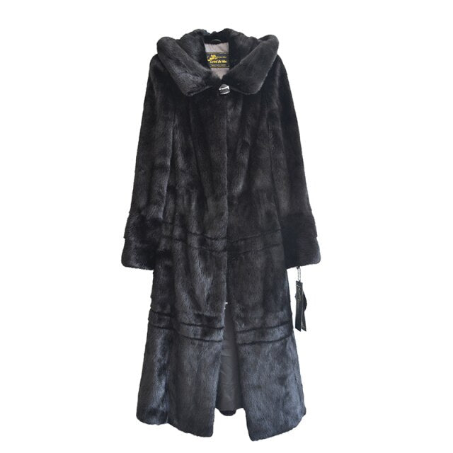 Russian Style 125cm Real Mink Fur Coat Hooded X-Long Rex Fur Coat Genuine Natural Mink Fur Coat Women Black Coats With Fur Hood