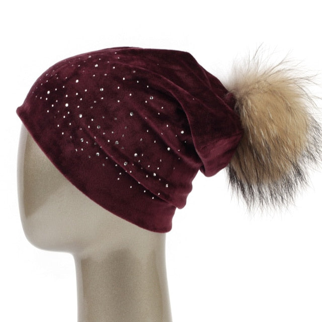 Geebro Winter Women's Pom Pom Rhinestones Beanie Hat and Neck Scarves Casual Casual Velvet  Beanies Hat With Raccoon Fur Pompon