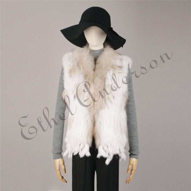Classic Design Womens Fur Vest Raccoon Fur Collar Gilet Knitted Rabbit Fur Short Waistcoat Retail/wholesale Coat Top Selling