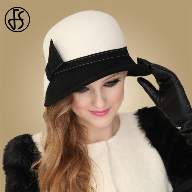 FS Wide Brim White Wool Hats Bow Bowler Fedora Hat For Women Chapeau Femme Feutre Winter Cloche Ladies Church Felt Fedoras Caps
