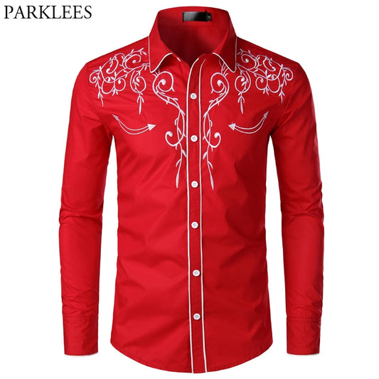 Floral Embroidery Red Tuxedo Shirt Male 2019 Brand Slim Long Sleeve Mens Dress Shirts Chemise Homme Wedding Party Shirt for Men