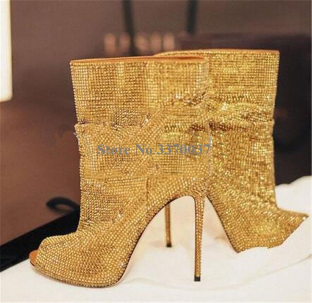 New Design Bling Bling Peep Toe Stiletto Heel Rhinestone Short Boots Slip-on Gold Silver Crystal High Heel Ankle Booties